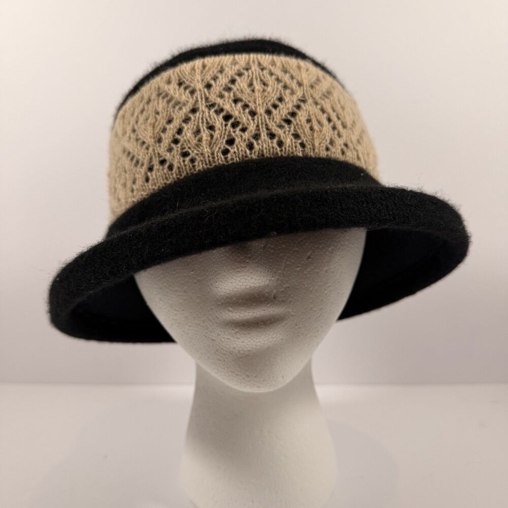 Jeanne Simmons Black 100% Wool Cloche Bucket Hat Tan Crochet Lace Band VNG Style